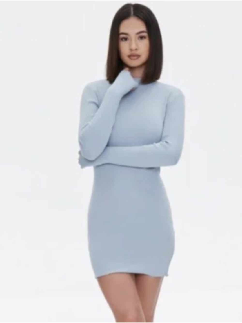 Missguided Ribbed Pale Blue Long Sleeve Bodycon Mini Dress